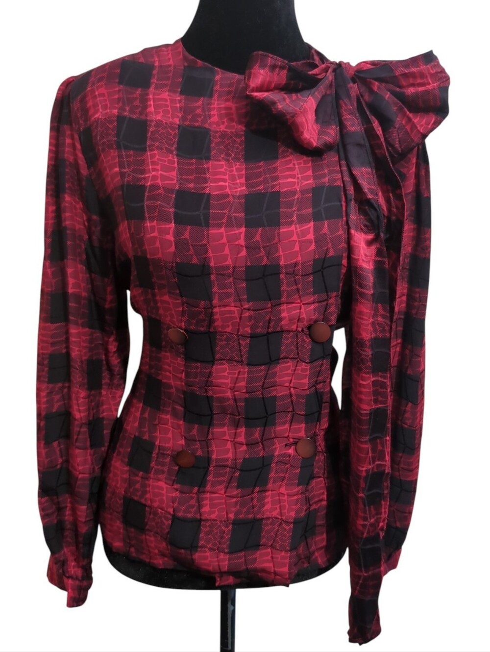 Vintage 80's The Silk Farm 100% Silk Black Red Plaid Neck Bow Blouse Mod S